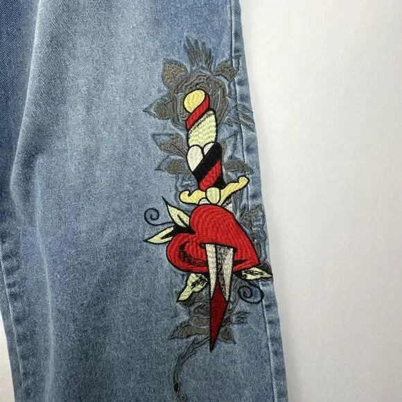 Ed Hardy Embroidered Heart Wide Leg Jeans Retro skater Denim 32 NWT - Picture 3 of 16
